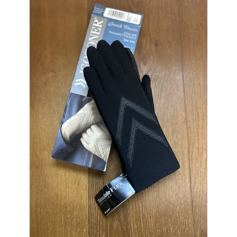 Vintage Isotoner Stretch Classic Gloves Black Thinsulate Lined One Size NIB